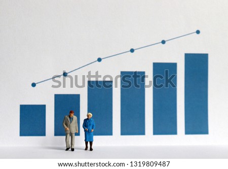 Blue bar graph with flow linear graph. Miniature older people.