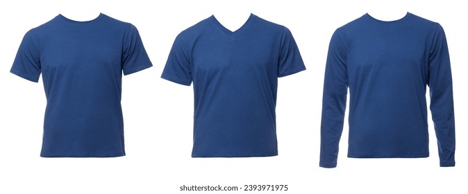 Blue basic t-shirts of different types on a male mannequin isolated on a white background