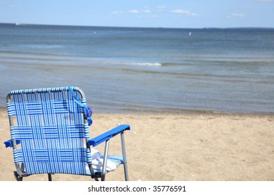 Blue Beach Chair And Swimming Goggle At Greenwich Point, Greenwich, CT USA