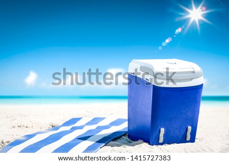 Blue beach fridge on sand and ocean landscape. Summer sunny day. 