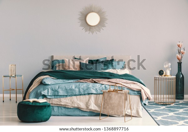 Blue Beige Emerald Green Bedding On Stock Photo Edit Now