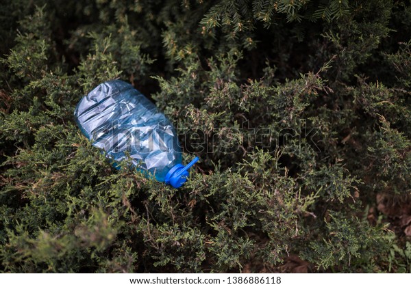 Blue big plastic bottle lying on\
the ground in tree in a park forest - Thrown out not recycled -\
Trash and pollution of the city and nature - Decayed\
rubbish