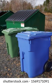 Blue Bin For Paper And Green Bin For Organics, In Front Of Two Large Commercial Green Garbage Bins