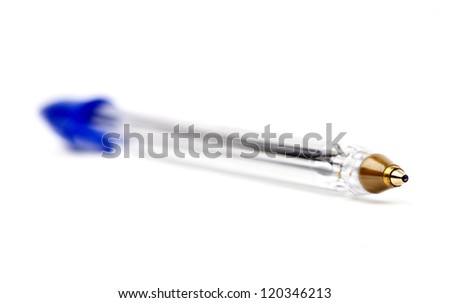 A blue biro pen over a white background.