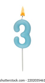 Blue Birthday Candle Isolated On White Background, Number 3