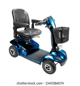 Blue And Black Four Wheel Mobility Scooter With Front Basket Isolated On White Background. Modern Mobility Aid Vehicle. Personal Transport Side View. Electric Wheelchair With Step Through Frame