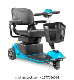 Blue and Black Three Wheel Mobility Scooter with Front Basket Isolated on White Background. Modern Mobility Aid Vehicle. Personal Transport Side View. Electric Wheelchair with Step Through Frame