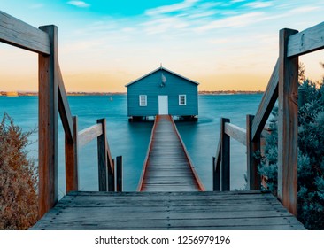 Blue Boat Shed Or Crawley Boat House On The Swan River At Western Australia