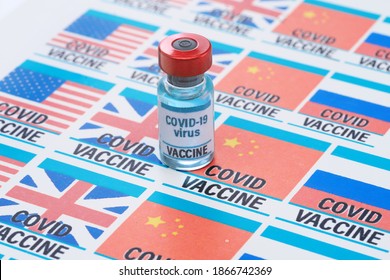 Blue Bottle With Coronavirus Vaccine. United States, Russia, China, England