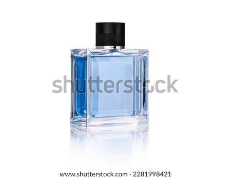 Blue bottle of perfume close up isolated on white background. With clipping path
