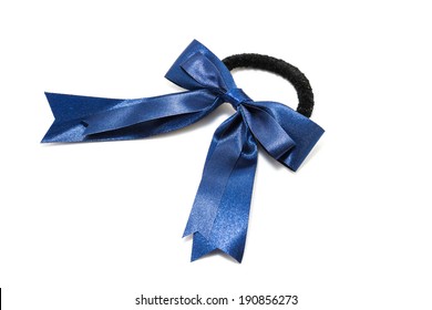 Blue Bow For Hair Tie On White Background.