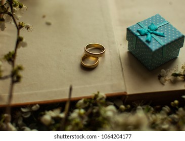 Blue Box. Gold Rings. Blue Bow. Side View. White Book. Eamty Pages. Blurry White Flower, Close Up Petal Of White Chrysanthemum Flower Or White Flower Around