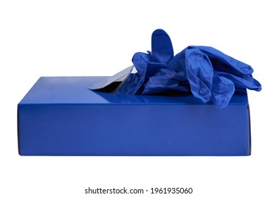 A Blue Box Of Blue Nitrile Disposable Exam Gloves Isolated On White With Clipping Path. These Gloves Are Used To Protect Against Germ And Virus Transmission.