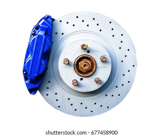 Blue Brake Caliper With Perforated Disk Isolated