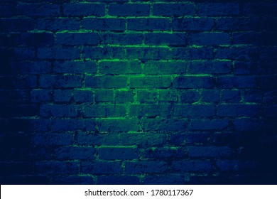 Blue Brick Wall Background Texture With Glowing Green Light Shining Through The Cracks