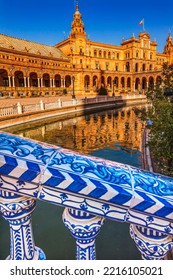 Blue Bridge Plaza De Espana Towers Reflection, Seville, Andalusia, Spain. Built In 1928 For Ibero American Exposition In Maria Luisa Park