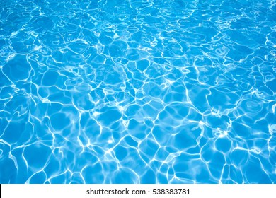 Blue And Bright Ripple Water Surface In Swimming Pool , Beautiful Motion Gentle Wave In Pool