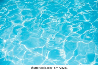 Blue And Bright Ripple Water And Surface In Swimming Pool , Beautiful Motion Gentle Wave In Pool