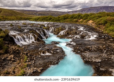 The blue Bruarfoss waterfall in Iceland