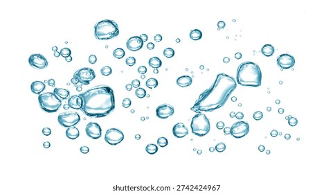 
Blue bubbles float on a white background. This abstract underwater surface image is perfect for design work and can be used as a background, overlay, or illustration. 