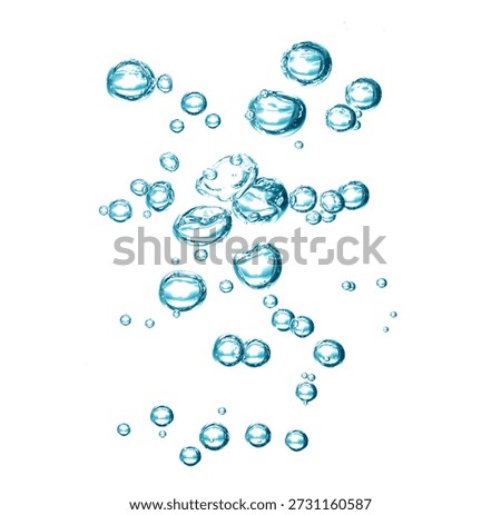 Blue bubbles float on a white background. This abstract underwater surface image is perfect for design work and can be used as a background, overlay, or illustration.