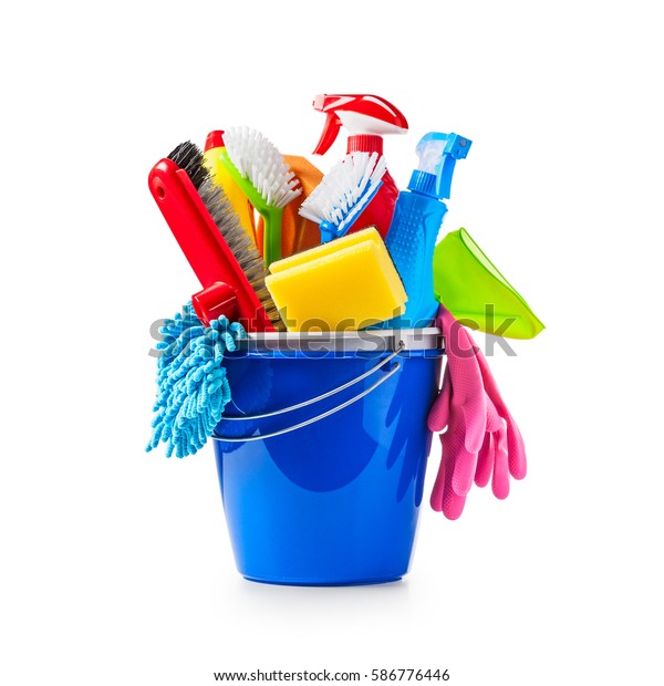 Blue Bucket Cleaning Supplies Isolated On Stock Photo 586776446