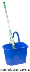 Blue Bucket With Up Handle And A Mop. Isolated White Background.