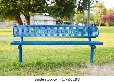 Blue Buddy Bench In Park Near School