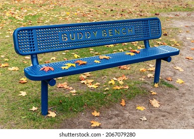 Blue Buddy Bench In The Public Park Near School In Autumn Season