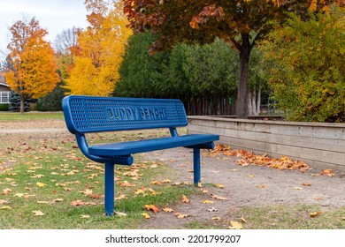 Blue Buddy Bench In The Public Park Near School In Autumn