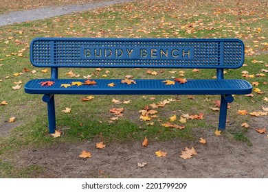 Blue Buddy Bench In The Public Park Near School In Fall