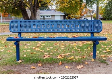 Blue Buddy Bench In The Public Park Near School In Autumn