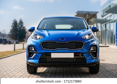 Blue business car with shiny front lights color bright - Shutterstock ID 1712173885