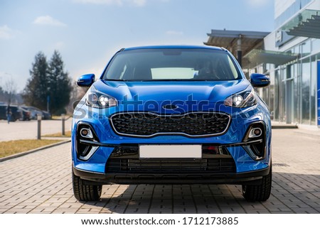 Blue business car with shiny front lights color bright Сток-фото © 