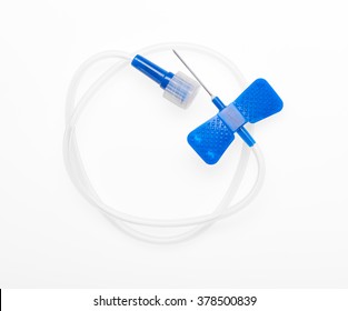 Blue butterfly catheter with open needle isolated on white background. Clipping path included.