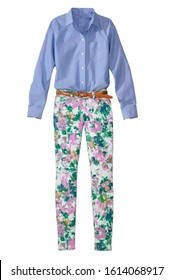 Blue Button Up Shirt With Floral Print Pants And Belt On White Background