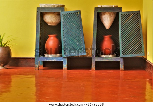 Blue Cabinets Vases On Orange Floor Stock Photo Edit Now 786792508