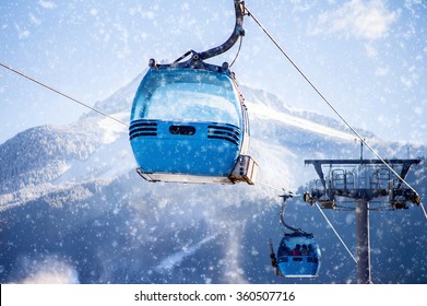 Blue Cable Car Lift At Ski Resort