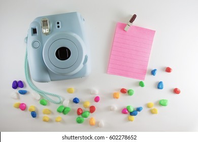 Blue camera  with pink note and many color stone process   Soft  style