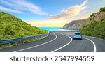 Blue car driving on panoramic road landscape on the beach. Car drive on highway in panoramic nature scenery. holiday travel trip on beautiful nature road in summer. Coastal road on nature panorama.