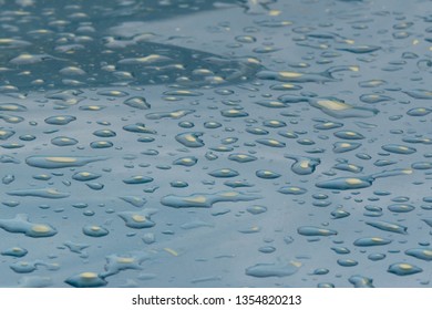 Blue Car Hood Covered In Pollen And Raindrops After A Spring Storm In Raleigh, North Carolina