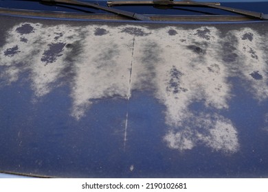 Blue Car Hood With Worn Worn Paint Faded By The Sun And Age