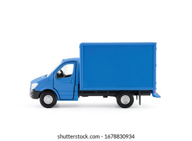 Blue Cargo Delivery Truck Side View On White Background