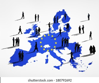 Blue Cartography Of European Union With Business Silhouettes