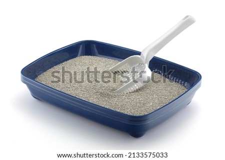 Blue cat litter tray isolated on white with grey litter and a scoop