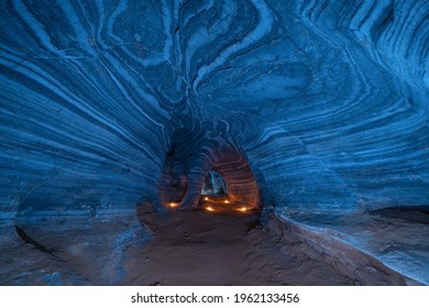 Blue cave with rocks, Mae Sot District, Tak, Thailand. Cave wall color pattern with natural landscape. Tourist attraction landmark. - Shutterstock ID 1962133456