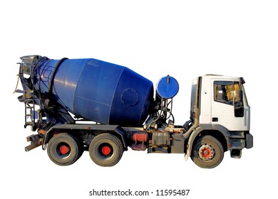 Blue Cement Mixer Truck Isolated On White.