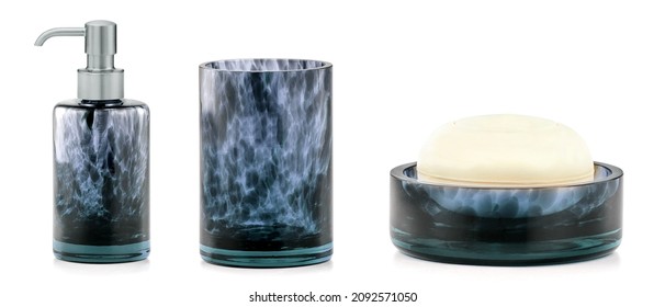 Blue ceramic accessories for bath - bowl, soap dispenser and other accessories for personal hygiene. Decor for bathroom interior, Blue And Black Bath Accessories - Shutterstock ID 2092571050