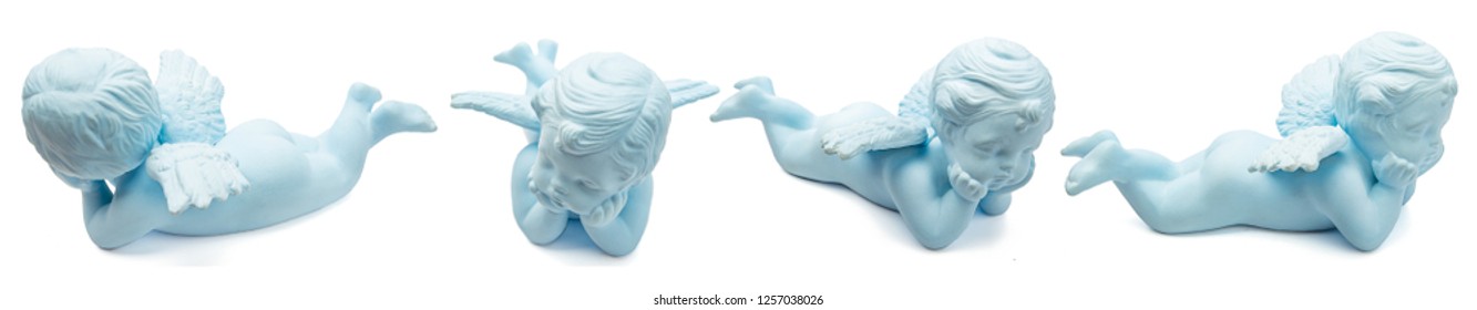 Blue Ceramic Baby Angel Statue Isolated On White Background