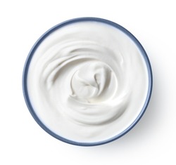 Blue Ceramic Bowl Of Fresh Greek Yogurt Or Sour Cream Isolated On White Background, Top View
